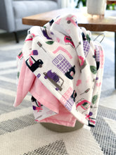 Load image into Gallery viewer, Machine washable, durable Hit The Road toddler Minky blanket, perfect for energetic toddlers and easy to clean after messes.
