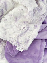 Load image into Gallery viewer, Whimsical Lavender Snowy Owl print on a plush Minky blanket, ideal for toddlers' comfort and warmth.