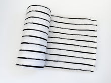 Load image into Gallery viewer, Breathable and temperature-regulating Black Stripe bamboo swaddle, perfect for keeping your baby relaxed all year round.